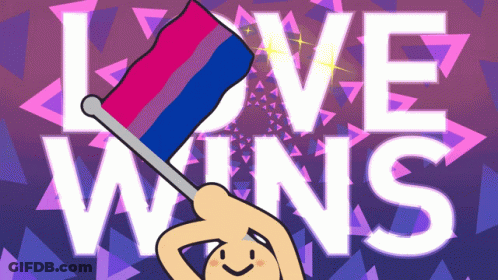 A Cartoon Of A Person Holding A Bisexual Flag With The Words Love Wins Behind Them GIF