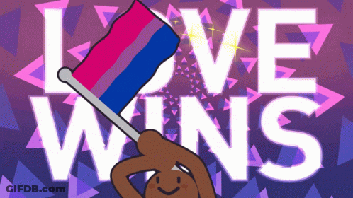 A Cartoon Of A Person Holding A Bisexual Flag With The Words Love Wins Behind Them GIF