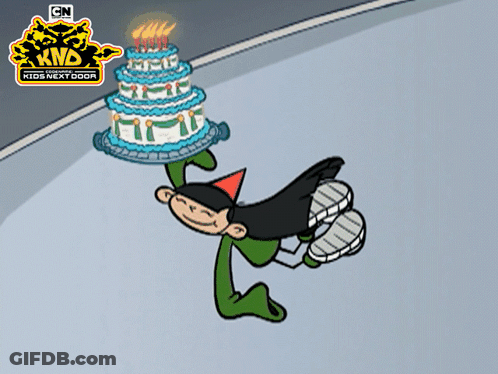 A Cartoon Of A Person Holding A Cake With A Cn Logo Behind Them GIF