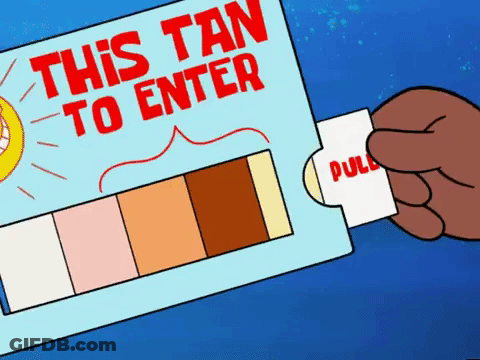 A Cartoon Of A Person Holding A Card That Says " This Tan To Enter " GIF