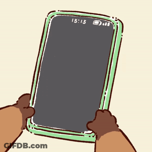 A Cartoon Of A Person Holding A Cell Phone With The Time Of 15:15 On The Screen GIF