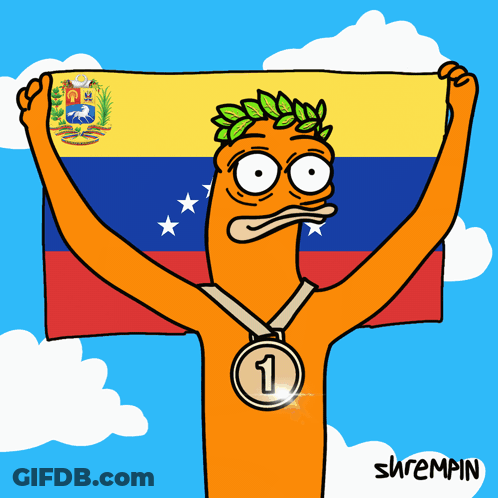 A Cartoon Of A Person Holding A Flag And A Medal With The Number One On It GIF