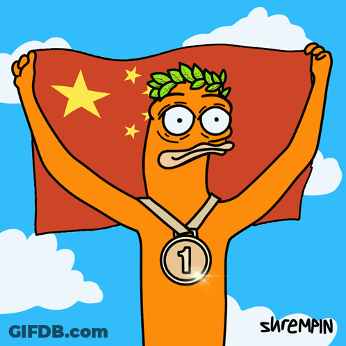 A Cartoon Of A Person Holding A Flag With A Medal Around Their Neck With The Number 2 On It GIF