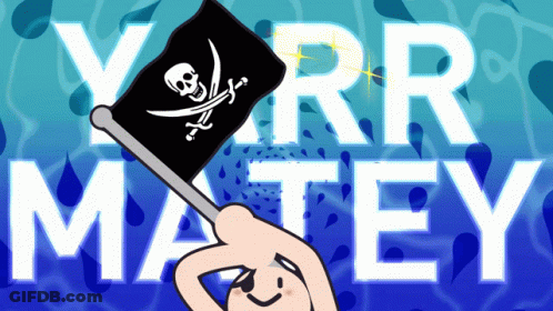 A Cartoon Of A Person Holding A Pirate Flag In Front Of The Name Yorr Matey GIF