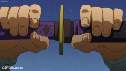 A Cartoon Of A Person Holding A Sword With A Purple Sheath GIF