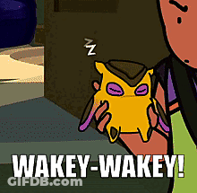 A Cartoon Of A Person Holding A Yellow Owl With Purple Eyes And The Words Wakey-Wakey On The Bottom GIF