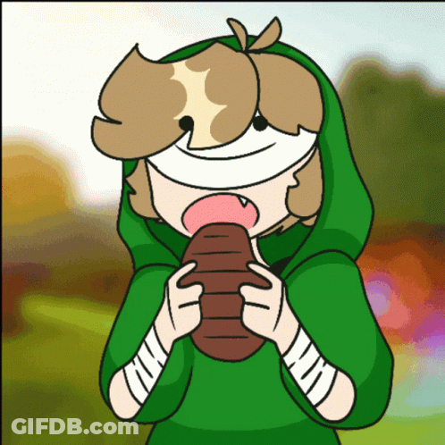 A Cartoon Of A Person In A Green Hoodie Holding A Brown Object GIF