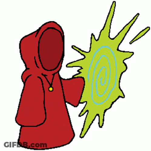 A Cartoon Of A Person In A Red Hood Holding A Green Swirl GIF