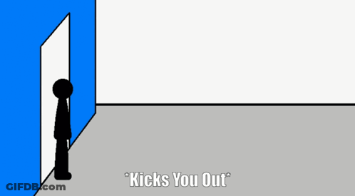 A Cartoon Of A Person Kicking Another Person Out Of A Blue Door GIF