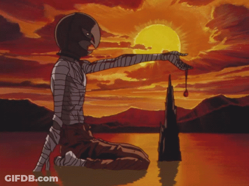 A Cartoon Of A Person Kneeling In Front Of A Sunset GIF