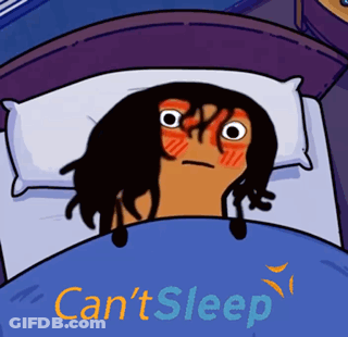 A Cartoon Of A Person Laying In Bed With The Words " Can 'T Sleep " Above Them GIF