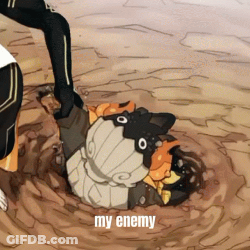 A Cartoon Of A Person Laying In The Dirt With The Words " My Enemy " Written On The Bottom GIF