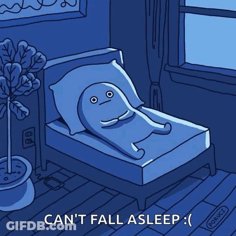A Cartoon Of A Person Laying On A Bed With The Words " Can 'T Fall Asleep " Below It GIF