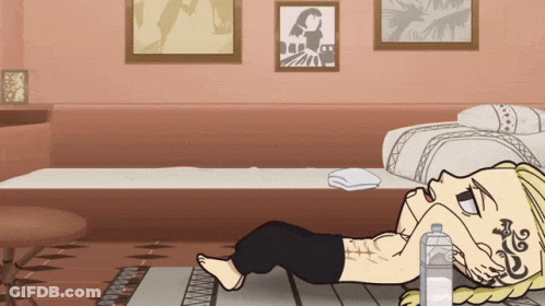 A Cartoon Of A Person Laying On The Floor With A Bottle Of Water GIF