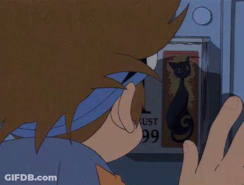 A Cartoon Of A Person Looking At A Calendar That Says August 1999 GIF