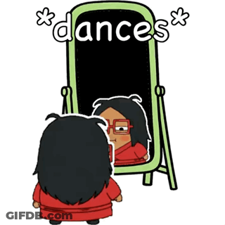 A Cartoon Of A Person Looking At Their Reflection In A Mirror With The Words " Dances " Written On It GIF