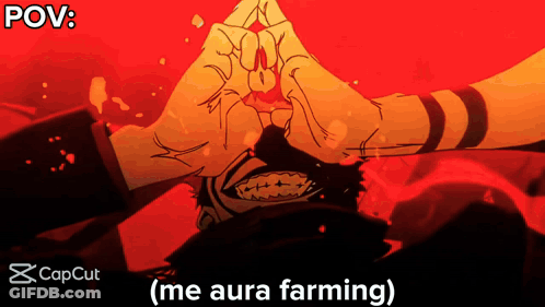 A Cartoon Of A Person Making A Triangle With Their Hands With The Caption " Me Aura Farming " GIF