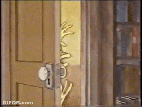 A Cartoon Of A Person Peeking Out Of A Door In A Room . GIF