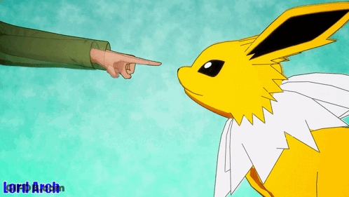 A Cartoon Of A Person Pointing At A Yellow Eevee With The Name Lord Arch Below It GIF