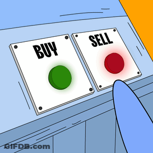 A Cartoon Of A Person Pressing A Buy And Sell Button GIF