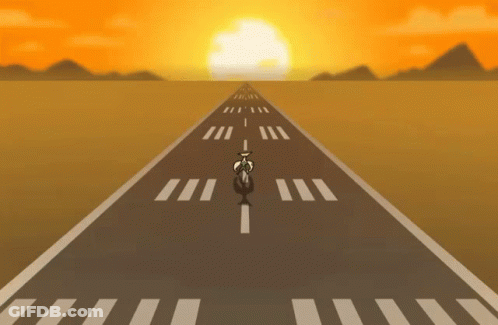 A Cartoon Of A Person Riding A Bike On A Road With A Sunset In The Background GIF