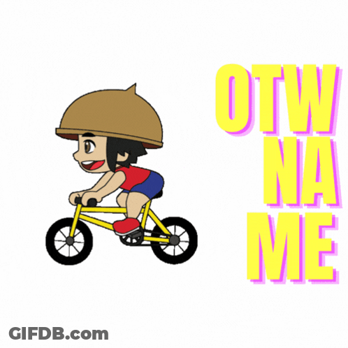 A Cartoon Of A Person Riding A Bike With The Words Otw Na Me Written Below Them GIF