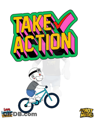 A Cartoon Of A Person Riding A Bike With The Words Take Action Behind Them GIF