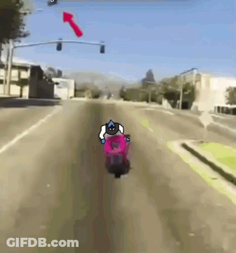 A Cartoon Of A Person Riding A Motorcycle Down A Street . GIF