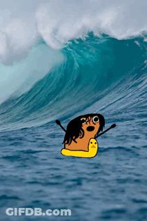 A Cartoon Of A Person Riding A Wave With A Yellow Rubber Duck GIF