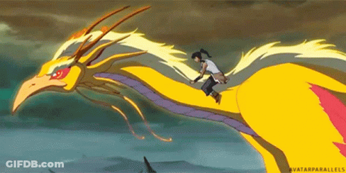 A Cartoon Of A Person Riding On The Back Of A Yellow Dragon GIF