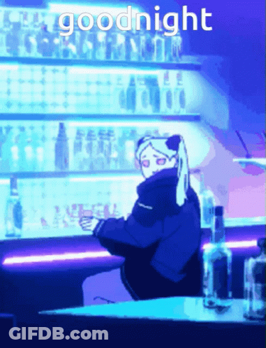 A Cartoon Of A Person Sitting At A Bar With The Words Goodnight Above Them GIF