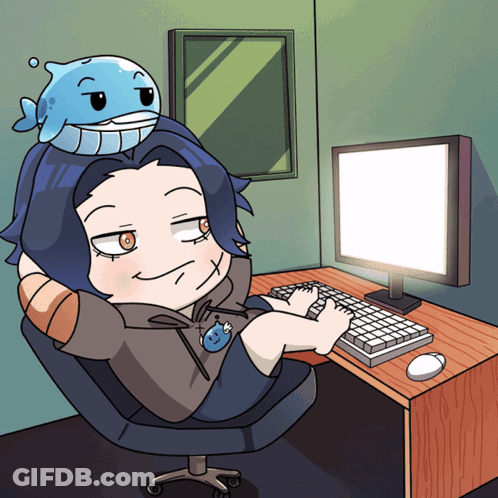 A Cartoon Of A Person Sitting At A Desk With A Whale On Her Head GIF
