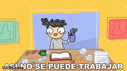 A Cartoon Of A Person Sitting At A Desk With The Words " Así No Se Puede Trabajar " Written Below Them GIF