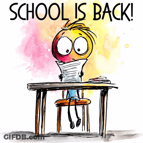 A Cartoon Of A Person Sitting At A Desk With The Words School Is Back Written On The Bottom GIF
