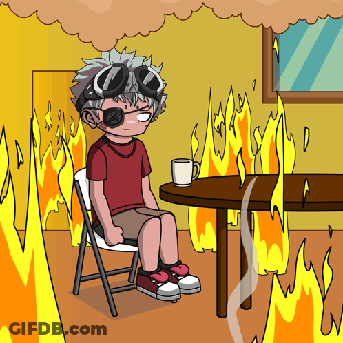 A Cartoon Of A Person Sitting At A Table With Flames Coming Out Of It GIF