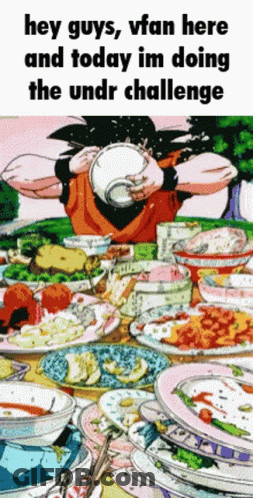 A Cartoon Of A Person Sitting At A Table With Plates Of Food And A Caption That Says Hey Guys Vfan Here GIF