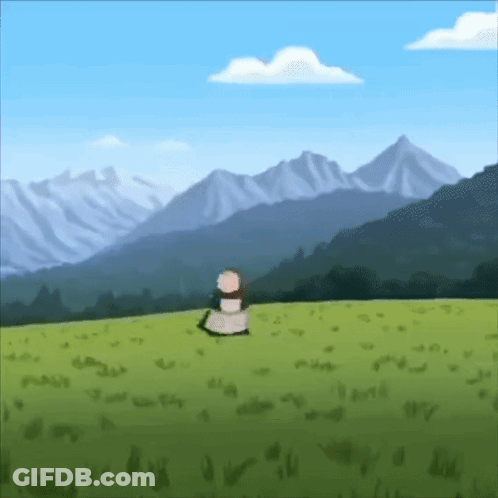 A Cartoon Of A Person Sitting In A Field With Mountains In The Background . GIF