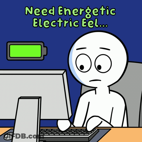 A Cartoon Of A Person Sitting In Front Of A Computer With The Words Need Energetic Electric Eel Above Them GIF