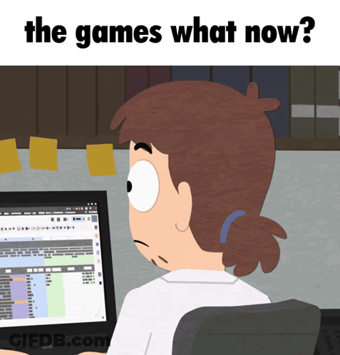 A Cartoon Of A Person Sitting In Front Of A Computer With The Words The Games What Now GIF