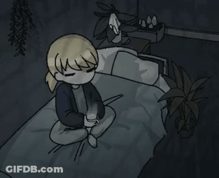 A Cartoon Of A Person Sitting On A Bed Holding A Cup GIF