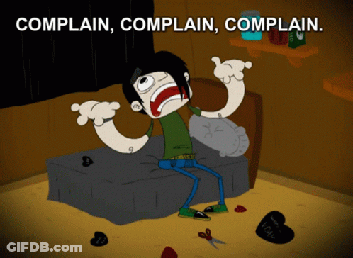 A Cartoon Of A Person Sitting On A Bed With The Words Complain Complain Complain GIF