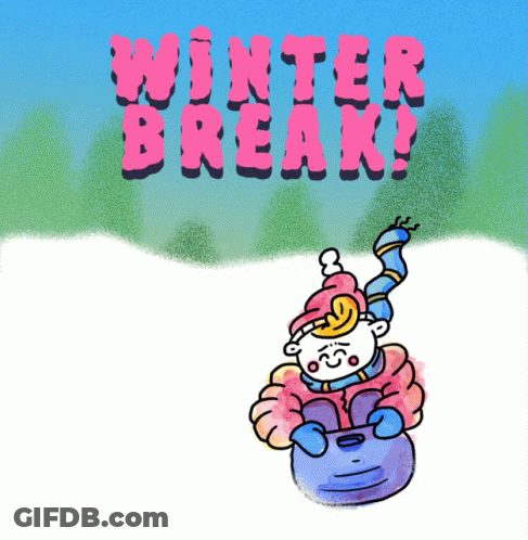A Cartoon Of A Person Sledding Down A Snowy Hill With The Words Winter Break Written Above Them GIF