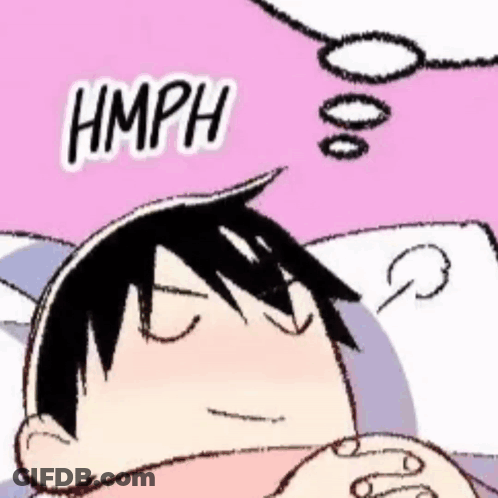 A Cartoon Of A Person Sleeping With A Speech Bubble Above Their Head That Says `` Hmph '' . GIF