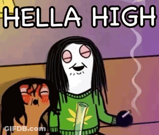 A Cartoon Of A Person Smoking A Bong With The Words `` Hella High '' Written Above Them . GIF