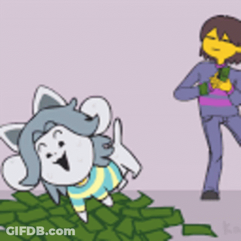 A Cartoon Of A Person Standing Next To A Pile Of Money And A Dog Laying On The Ground GIF