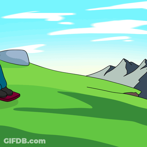 A Cartoon Of A Person Standing On Top Of A Grassy Hill With Mountains In The Background GIF