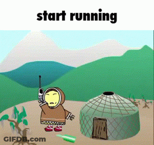 A Cartoon Of A Person Talking On A Cell Phone With The Words Start Running Below Him GIF