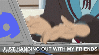 A Cartoon Of A Person Using A Laptop With The Words Just Hanging Out With My Friends Above Them GIF
