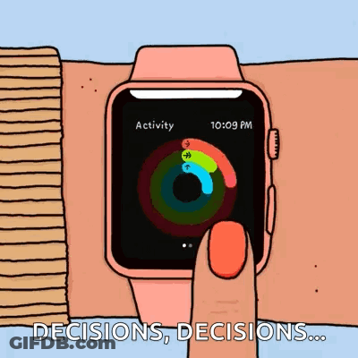 A Cartoon Of A Person Using An Apple Watch With The Words Decisions Decisions Written On The Bottom GIF