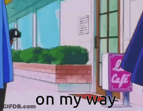 A Cartoon Of A Person Walking In Front Of A Cafe Sign GIF